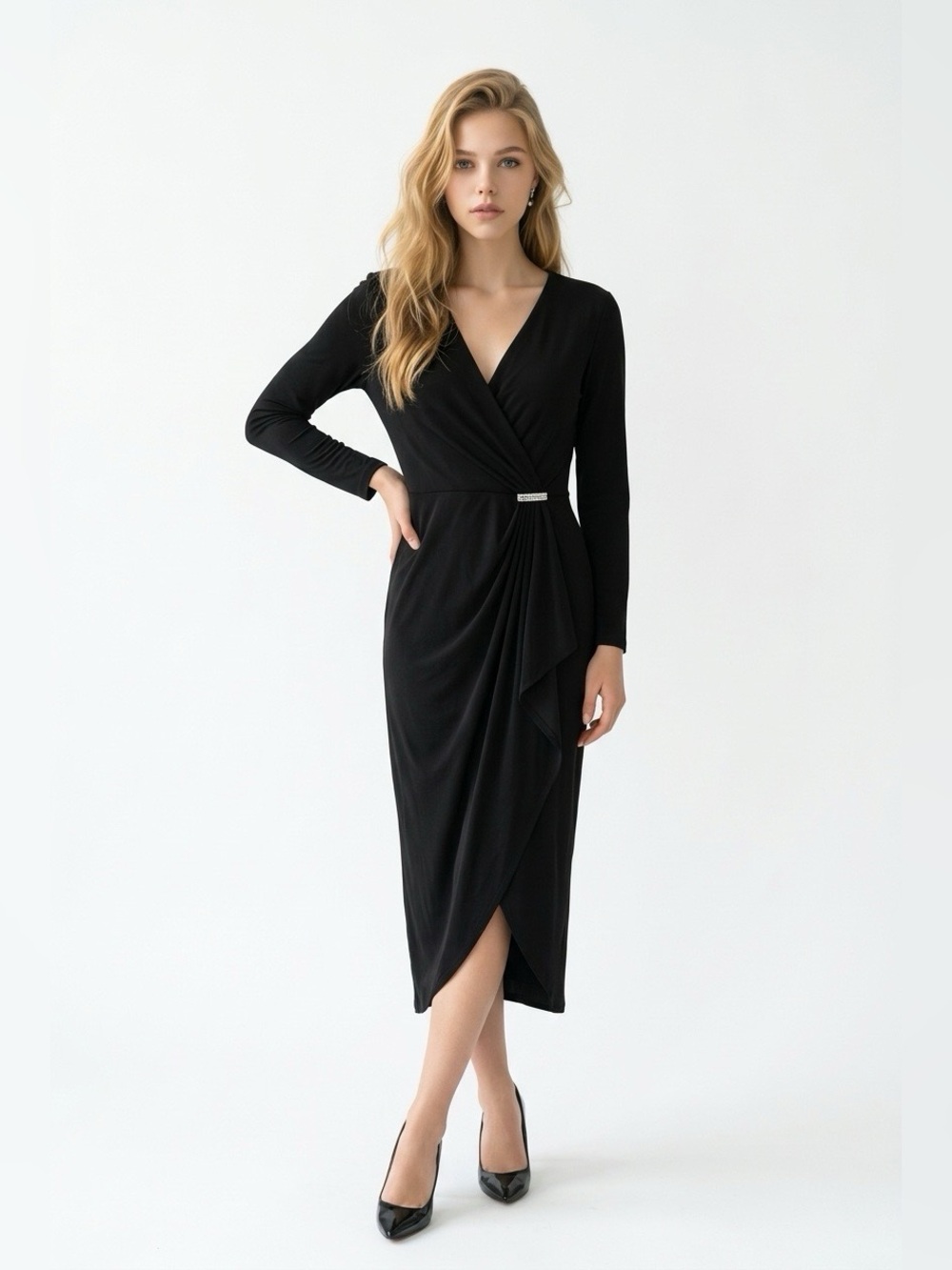 Emma & Michele Black Long Sleeve Wrap Midi Dress